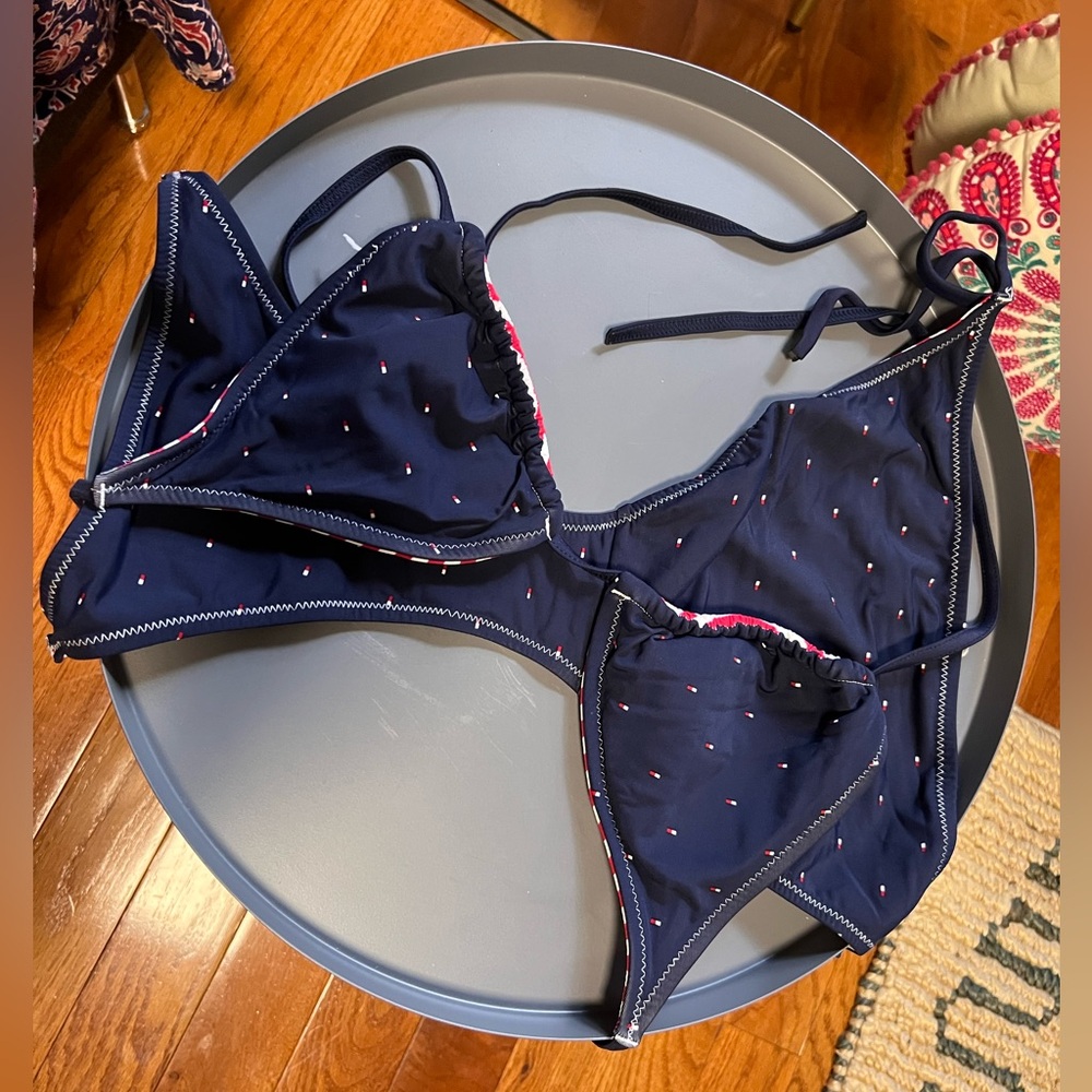 Navy Blue Triangle Bikini Top with Tiny Pink Accent Dots